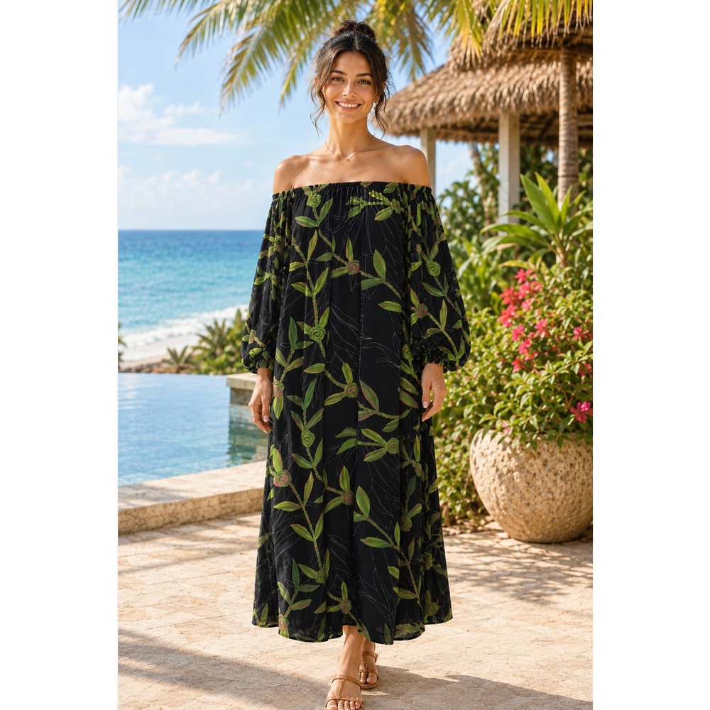 NWT LEXBREEZY HAWAII Ti Leaf Off Shoulder Maxi Dress lack Botanical Bamboo Large